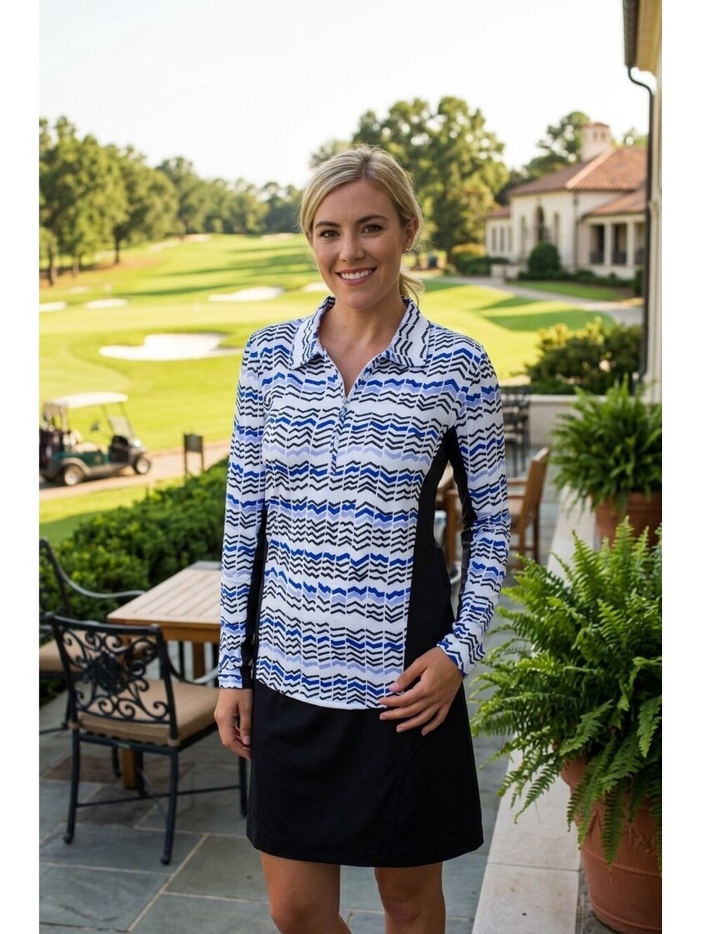 San Soleil Mock Neck 1/4 Zip UPF 50 Royal Blue Print LARGE Golf Tennis Vacation